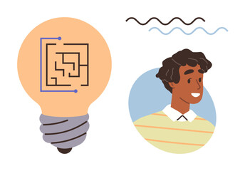 Light bulb with labyrinth design beside smiling character in striped shirt. Ideal for innovation, brainstorming, problem-solving, creativity, teamwork, education, personal growth. Simple flat