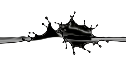 A dramatic black liquid collision creating a dynamic splash with intricate details and glossy texture isolated on transparent background