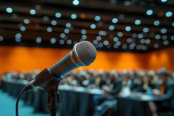 Close-up of microphone on stage at public town hall meeting with out-of-focus audience and candidates preparing to answer community questions