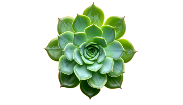 Close-up top-down shot of a symmetrical green succulent on a solid black background