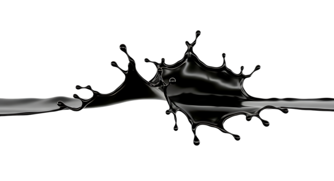 A dramatic black liquid collision creating a dynamic splash with intricate details and glossy texture isolated on transparent background