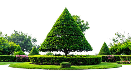 Well-manicured garden featuring a conical topiary tree surrounded by lush greenery