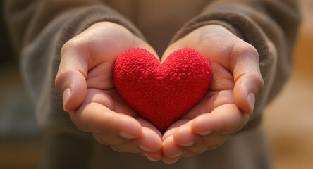 Obraz premium Person's cupped hands cradle a vibrant red heart-shaped object, warm tones