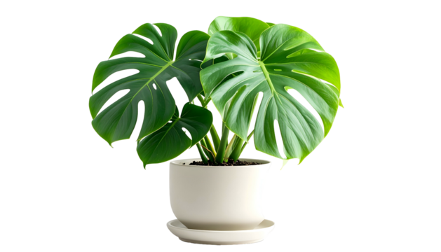 A vibrant, lush Monstera plant, with large, split leaves, in a white pot against black