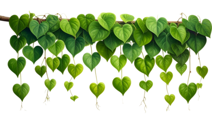 Lush, digitally-rendered vine with heart-shaped leaves cascading downwards from a branch