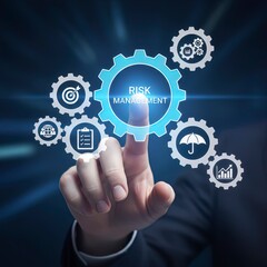 Businessman Activating a Virtual Risk Management Interface, Symbolizing Strategic Business Planning, Protection, and Financial Growth, Conceptualizing Corporate Security