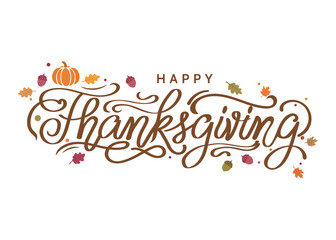 Hand drawn Happy Thanksgiving lettering poster with quote Give thanks to friends and family. Perfect for t-shirt, mug, bag, or clothing fashion print vector design.