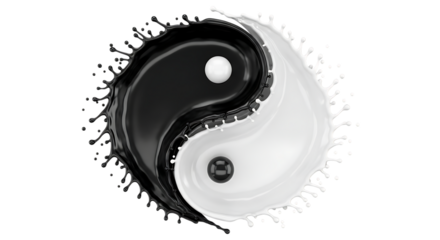 A captivating yin yang symbol formed by swirling black and white liquid, isolated on transparent background, representing balance and harmony in life