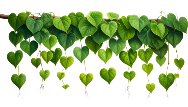 Lush, digitally-rendered vine with heart-shaped leaves cascading downwards from a branch