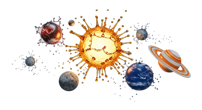 Vibrant solar system with planets, isolated on transparent background, showcasing cosmic wonders, perfect for education, science, and imaginative designs