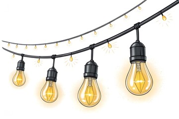 Four edison style incandescent string lights hanging from a black wire on a