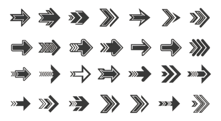 Collection of 32 right directional arrow icons set in various modern geometric and dynamic styles, representing movement, navigation, pointer, direction, progress, and speed