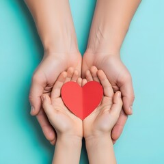Hands holding a red heart symbol of love and care.