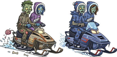 Zombie snowmobile race, undead winter adventure, cartoon horror characters, funny zombie couple, icy terrain, spooky sports, festive undead ride, snow action