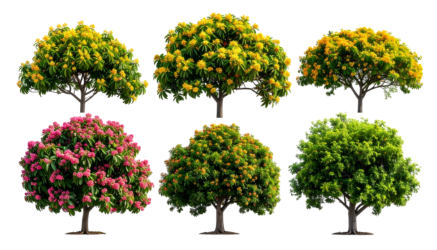Six isolated trees with varying foliage colors yellow, orange, green, and pink blossoms