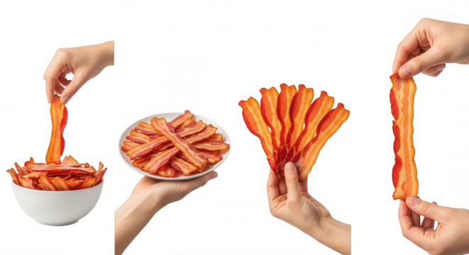 Crispy bacon strips arranged in various ways isolated on a transparent background - Powered by Adobe