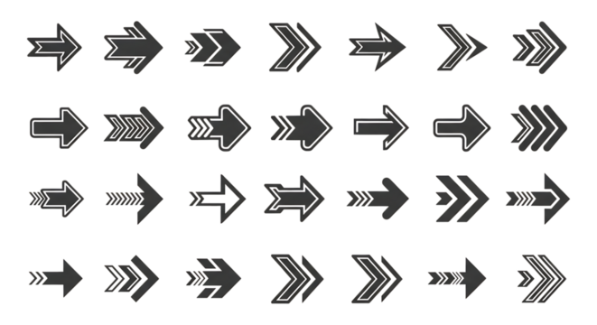 Collection of 32 right directional arrow icons set in various modern geometric and dynamic styles, representing movement, navigation, pointer, direction, progress, and speed