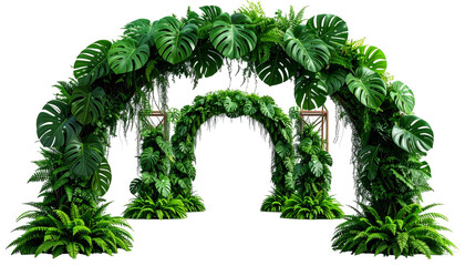 Lush green archway crafted from foliage, perfect for an outdoor event, with natural decor