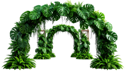Lush green archway crafted from foliage, perfect for an outdoor event, with natural decor