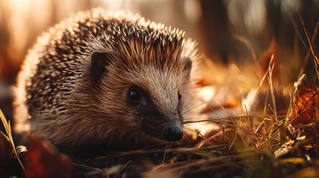 Small mammal with sharp quills peeks out from behind dry grasses in warm sunlight