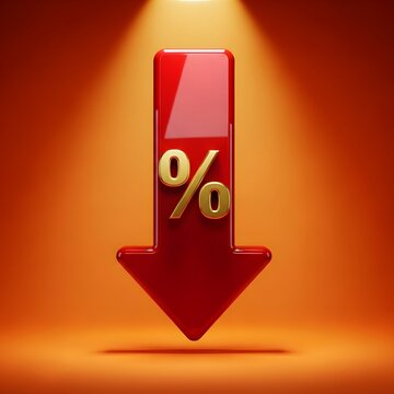 Red arrow with percentage sign pointing downwards symbolizing a decrease in prices or interest rates.
