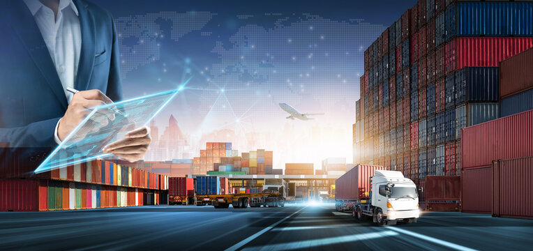Global Business Logistics and Transportation Network, Smart Supply Chain Management and Planning Digital Transformation, Tech with Businessman using Tablet for Cargo Container Export Import Efficiency