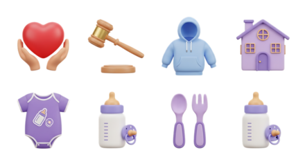 Conceptual 3d set of icons illustrating family law, child protection, essential care items: gavel, hands holding heart, purple house, baby clothes, bottle, and cutlery.