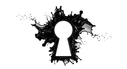 A keyhole is formed by a dramatic black liquid splash, isolated on transparent background, symbolizing mystery, access, and hidden potential