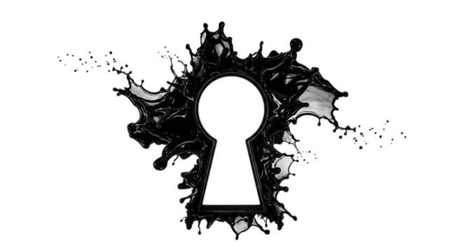 A keyhole is formed by a dramatic black liquid splash, isolated on transparent background, symbolizing mystery, access, and hidden potential