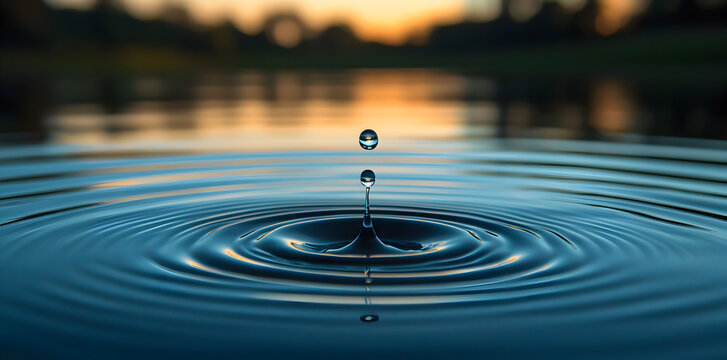 Tranquil lake scene with single water droplet forming concentric ripples, representing balance, harmony, and the influence of kindness spreading through society