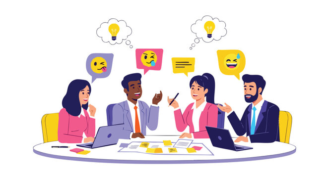 A diverse group of business professionals collaborates around a table, exchanging ideas and brainstorming solutions, with thought bubbles illustrating their innovative concepts and expressions.