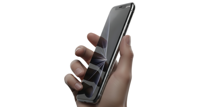Hand holding a modern frameless smartphone device displaying an abstract pattern on the touch screen, representing communication and digital technology.