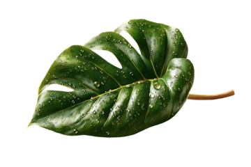 Vibrant Monstera leaf with glistening water droplets, perfect for spa, wellness, or tropical themes