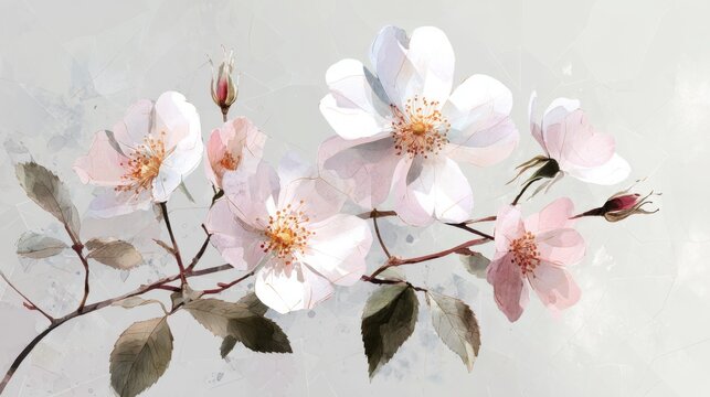 Delicate wild rose branch rendered with geometric brushstrokes, translucent petals, pale blush tones and soft ink texture, minimalist zen elegance, no text, no logo
