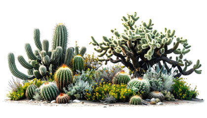 Diverse collection of various cacti in natural desert arrangement, well lit