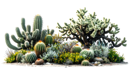 Diverse collection of various cacti in natural desert arrangement, well lit