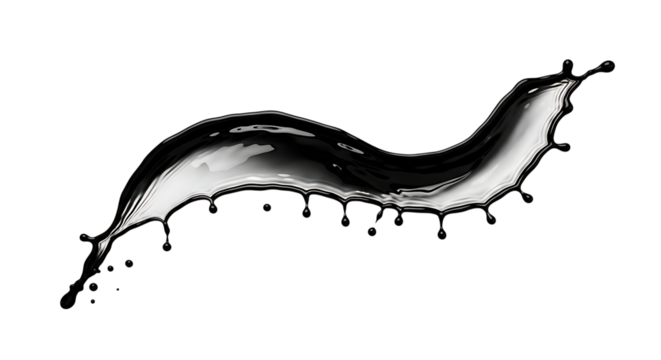 A dynamic black liquid splash frozen in time, isolated on transparent background, showcasing fluid motion and creating a striking visual effect