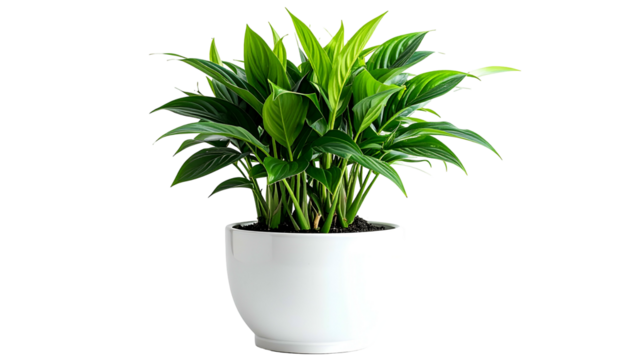 Lush green leafy plant in a white ceramic pot against a transparent black background