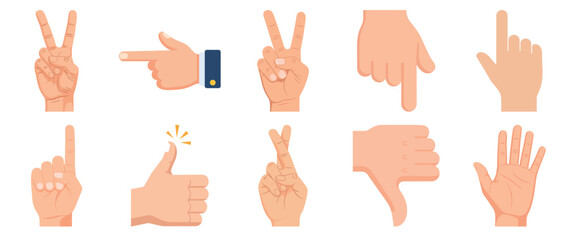 Various human hand gestures: peace, pointing, thumbs up, and more