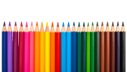 Close-up of a vibrant row of sharpened color writing instruments against a black backdrop
