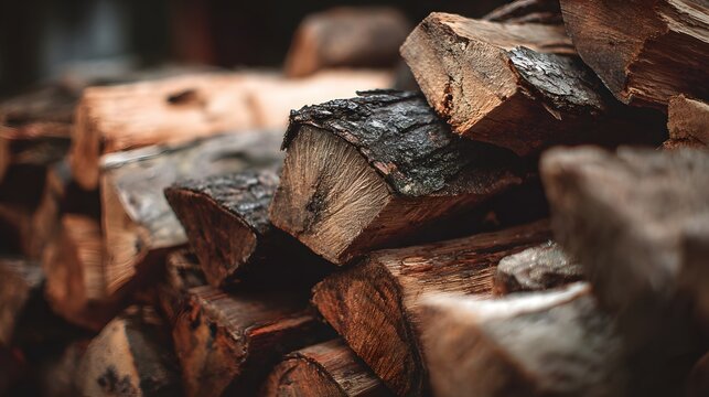 Stacked firewood pieces show rough texture and warm brown tones with shallow depth of field - Powered by Adobe