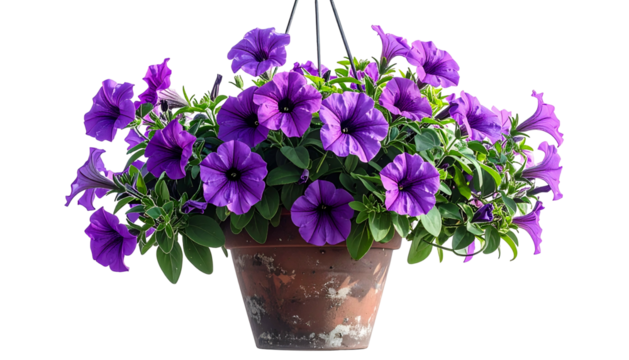 Hanging basket of vibrant purple petunias with dark centers and green foliage - Powered by Adobe