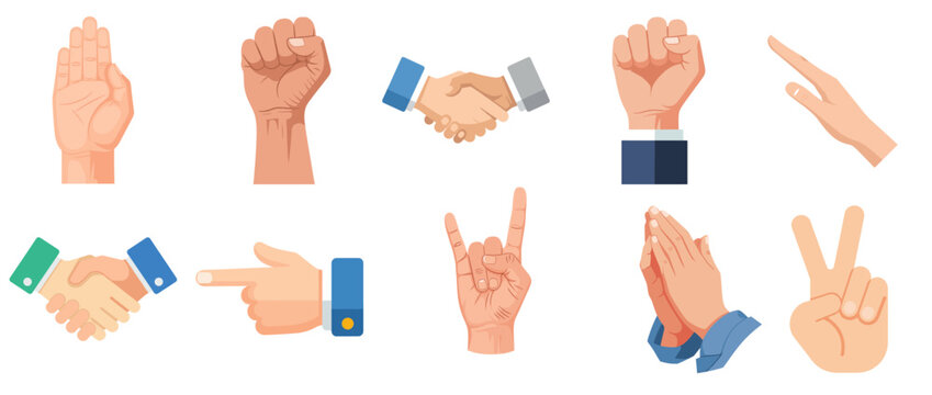Various hand gestures and handshakes in different positions and styles