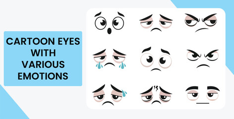 Collection of cartoon eyes expressing various emotions like sadness, anger, and surprise.
