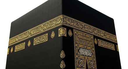 A detailed close-up of the Kaaba in Mecca, showcasing the intricate golden embroidery on its black silk Kiswah.