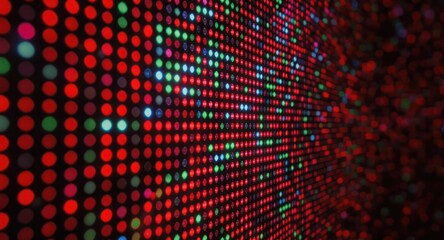 A blurred, angled close-up shows a grid of multicolored illuminated circles