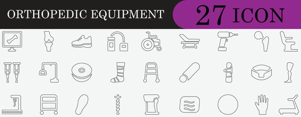 Orthopedic Equipment Line Icon Set. Containing rehabilitation, mobility, medical, fracture, and patient symbols. Editable vector icon for healthcare app UI/UX and clinics.