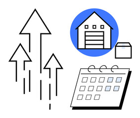 Upward arrows represent progress, warehouse and storage box depict logistics, calendar signals planning. Ideal for business growth, supply chain, productivity, scheduling, delivery, innovation