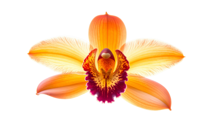 Close-up of an orchid bloom, vibrant orange-yellow petals, contrasting maroon center, black bg