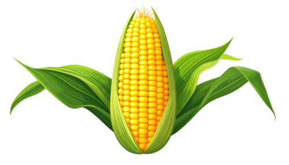 Digital rendering of ripe corn on the cob with bright yellow kernels and green leaves